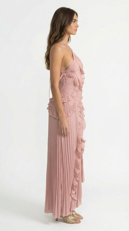 Sofía - Vestido Midi Plisado Halter con Detalles de Volantes en Cascada - Lavanda