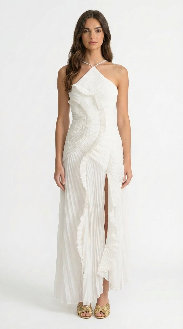 Sofía - Vestido Midi Plisado Halter con Detalles de Volantes en Cascada - Lavanda