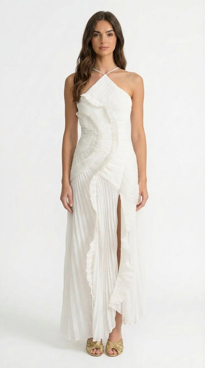 Sofía - Vestido Midi Plisado Halter con Detalles de Volantes en Cascada - Lavanda