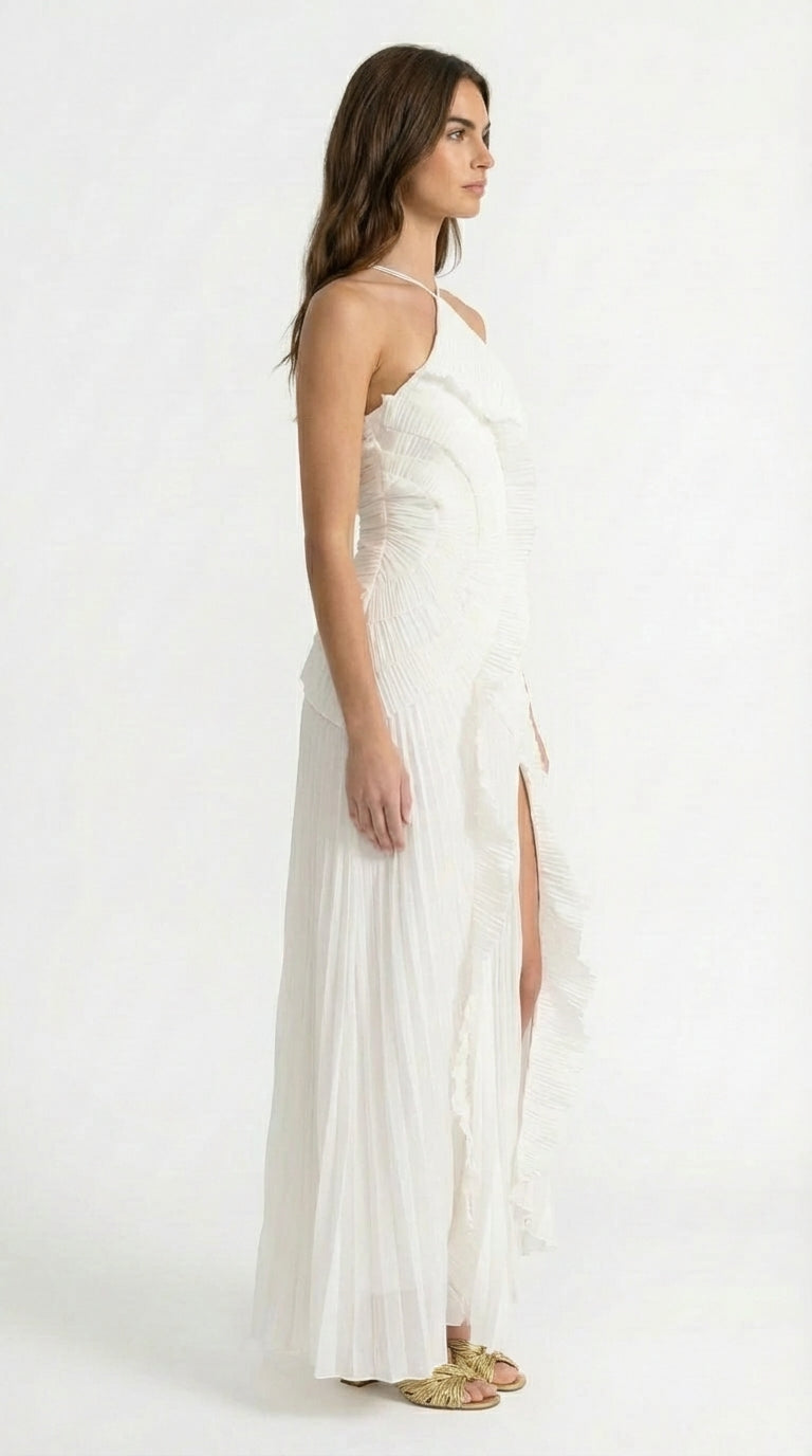 Sofía - Vestido Midi Plisado Halter con Detalles de Volantes en Cascada - Lavanda