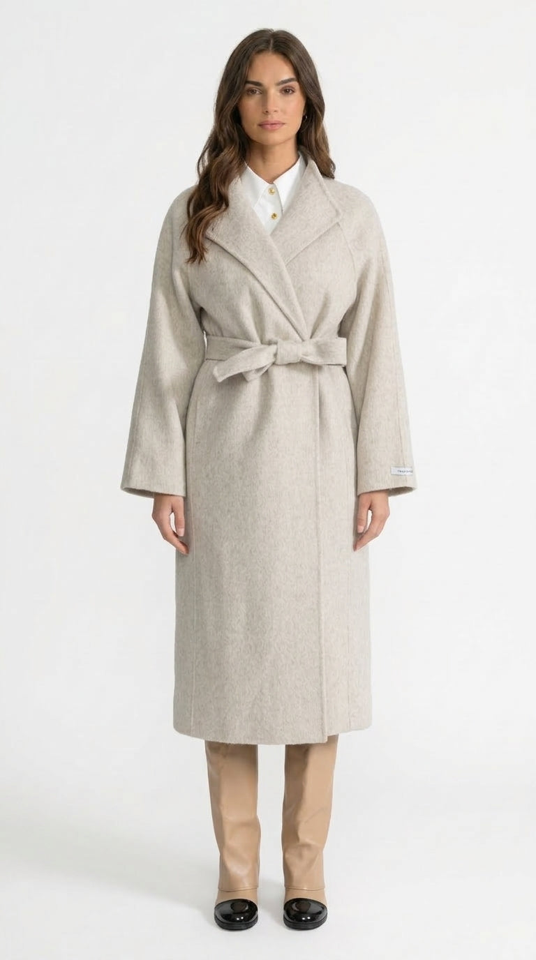 Fernanda - Abrigo Midi con Cinturón y Cuello Alto - Beige