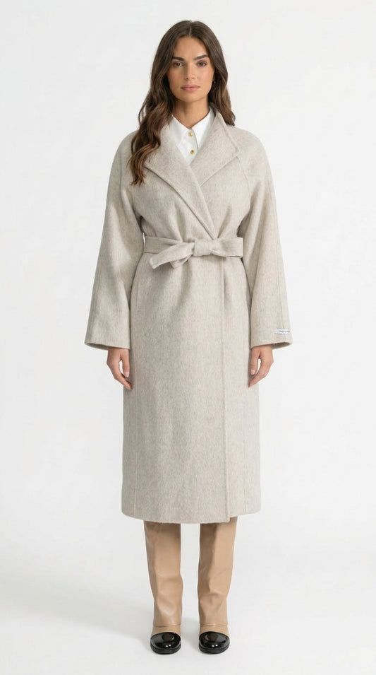 Fernanda - Abrigo Midi con Cinturón y Cuello Alto - Beige