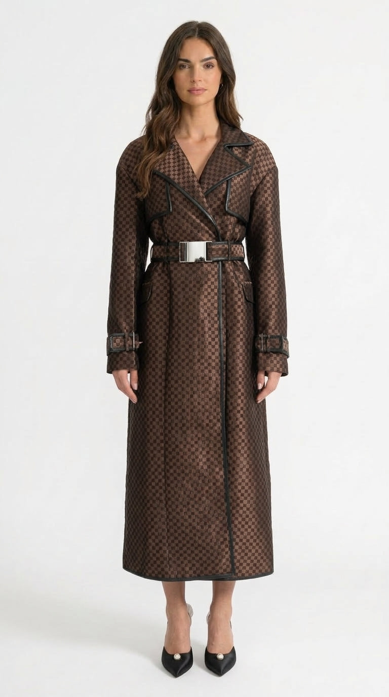 Adriana - Abrigo Trench de Jacquard con Cinturón de Hebilla Dorada - Marrón