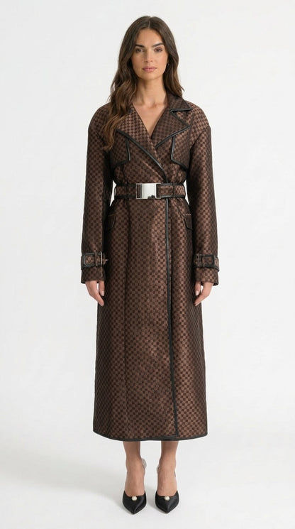 Adriana - Abrigo Trench de Jacquard con Cinturón de Hebilla Dorada - Marrón