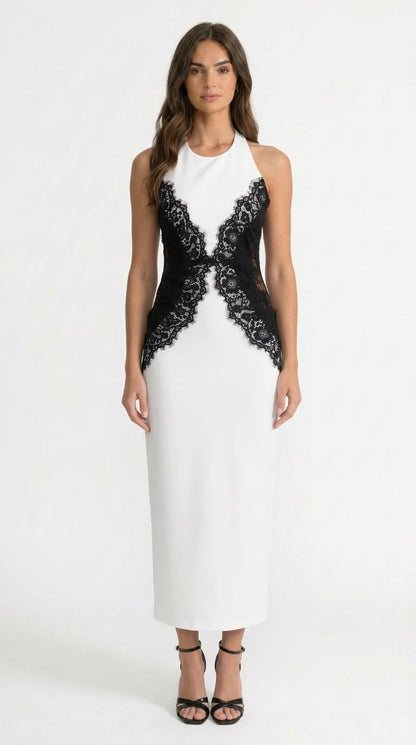 Martina - Vestido Maxi Halter con Paneles de Encaje Contrastante - Blanco