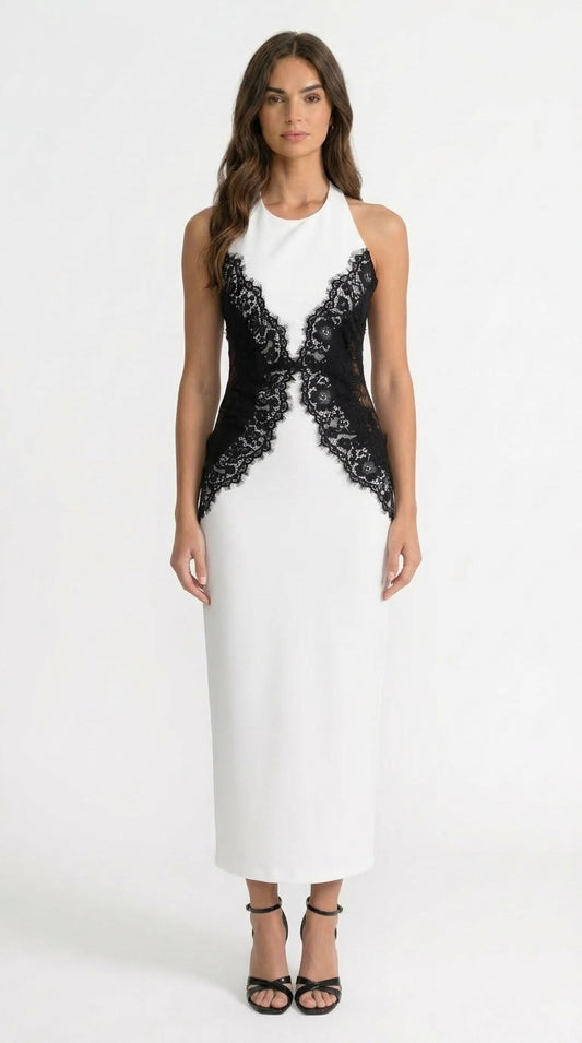 Martina - Vestido Maxi Halter con Paneles de Encaje Contrastante - Blanco