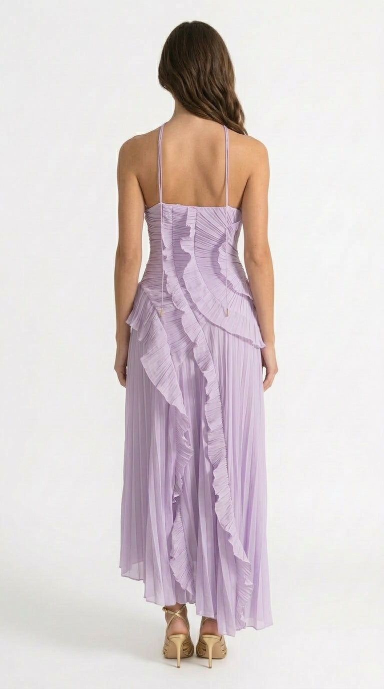 Sofía - Vestido Midi Plisado Halter con Detalles de Volantes en Cascada - Lavanda