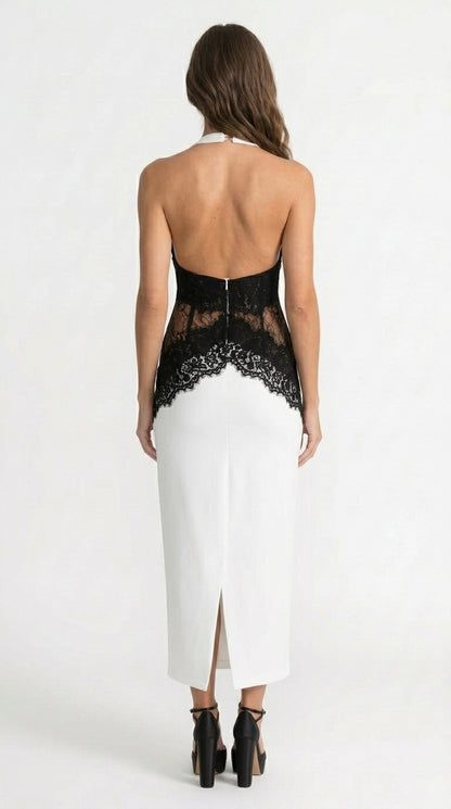 Martina - Vestido Maxi Halter con Paneles de Encaje Contrastante - Blanco