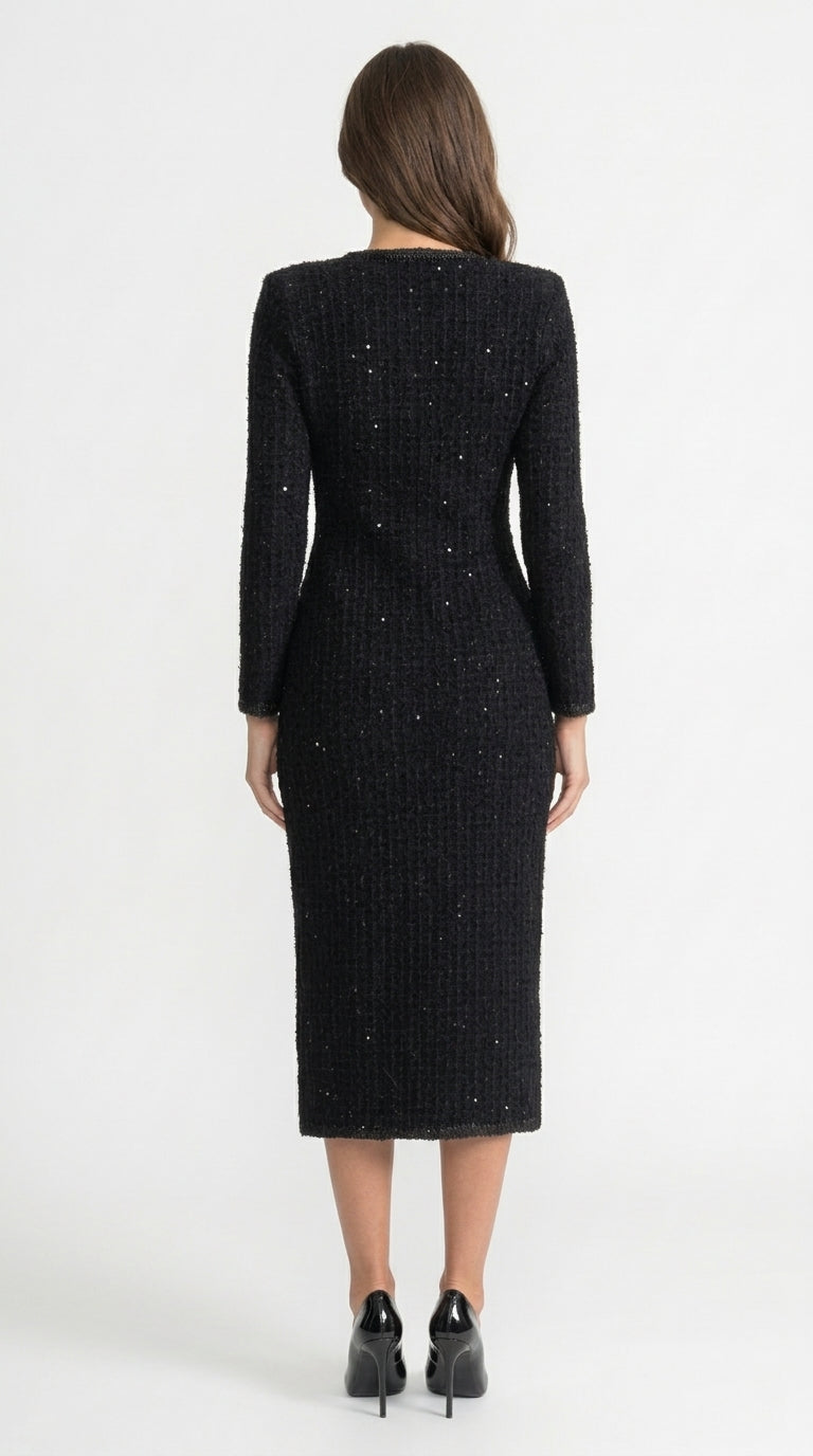 Camila - Vestido Midi de Tweed Texturizado con Detalle de Botones de Cristal - Negro