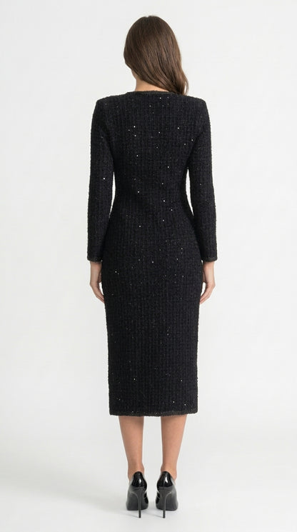 Camila - Vestido Midi de Tweed Texturizado con Detalle de Botones de Cristal - Negro