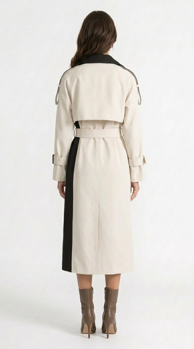 Alejandra - Abrigo Trench Bicolor de Doble Botonadura - Crema y Marrón