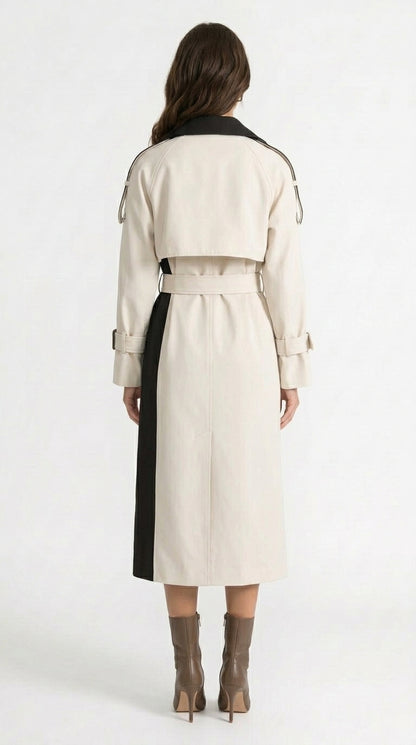 Alejandra - Abrigo Trench Bicolor de Doble Botonadura - Crema y Marrón
