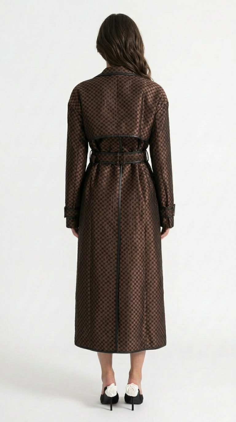 Adriana - Abrigo Trench de Jacquard con Cinturón de Hebilla Dorada - Marrón