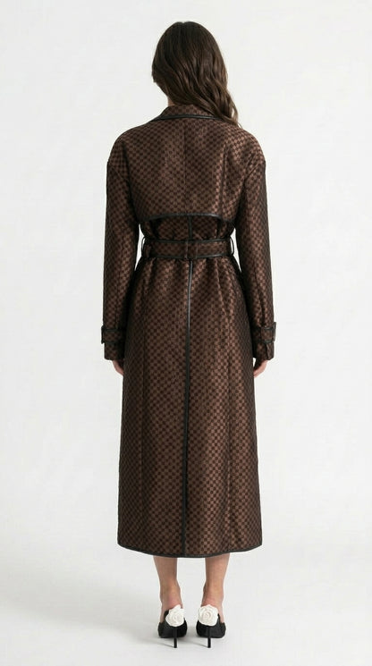 Adriana - Abrigo Trench de Jacquard con Cinturón de Hebilla Dorada - Marrón