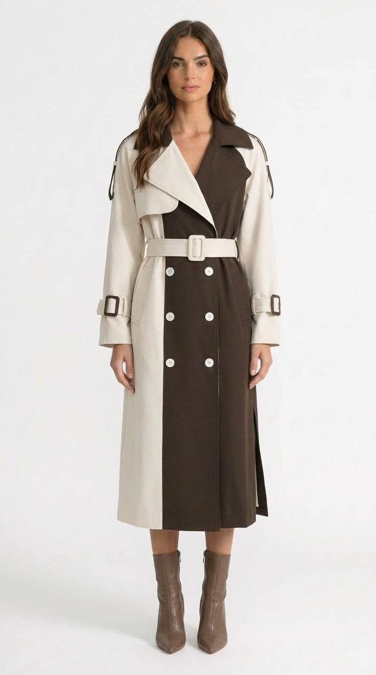 Alejandra - Abrigo Trench Bicolor de Doble Botonadura - Crema y Marrón