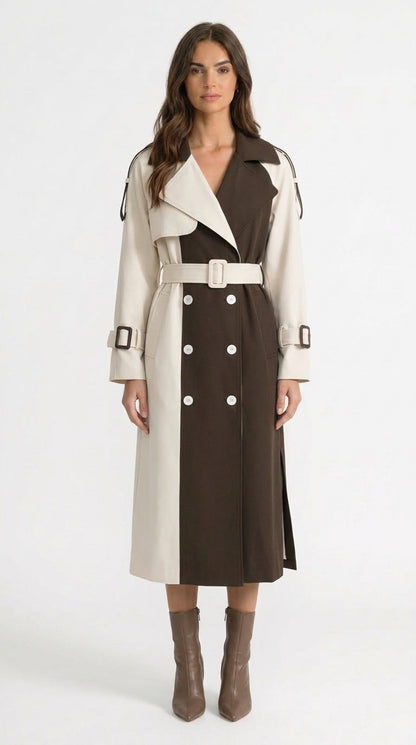 Alejandra - Abrigo Trench Bicolor de Doble Botonadura - Crema y Marrón