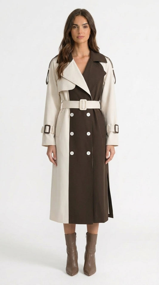 Alejandra - Abrigo Trench Bicolor de Doble Botonadura - Crema y Marrón