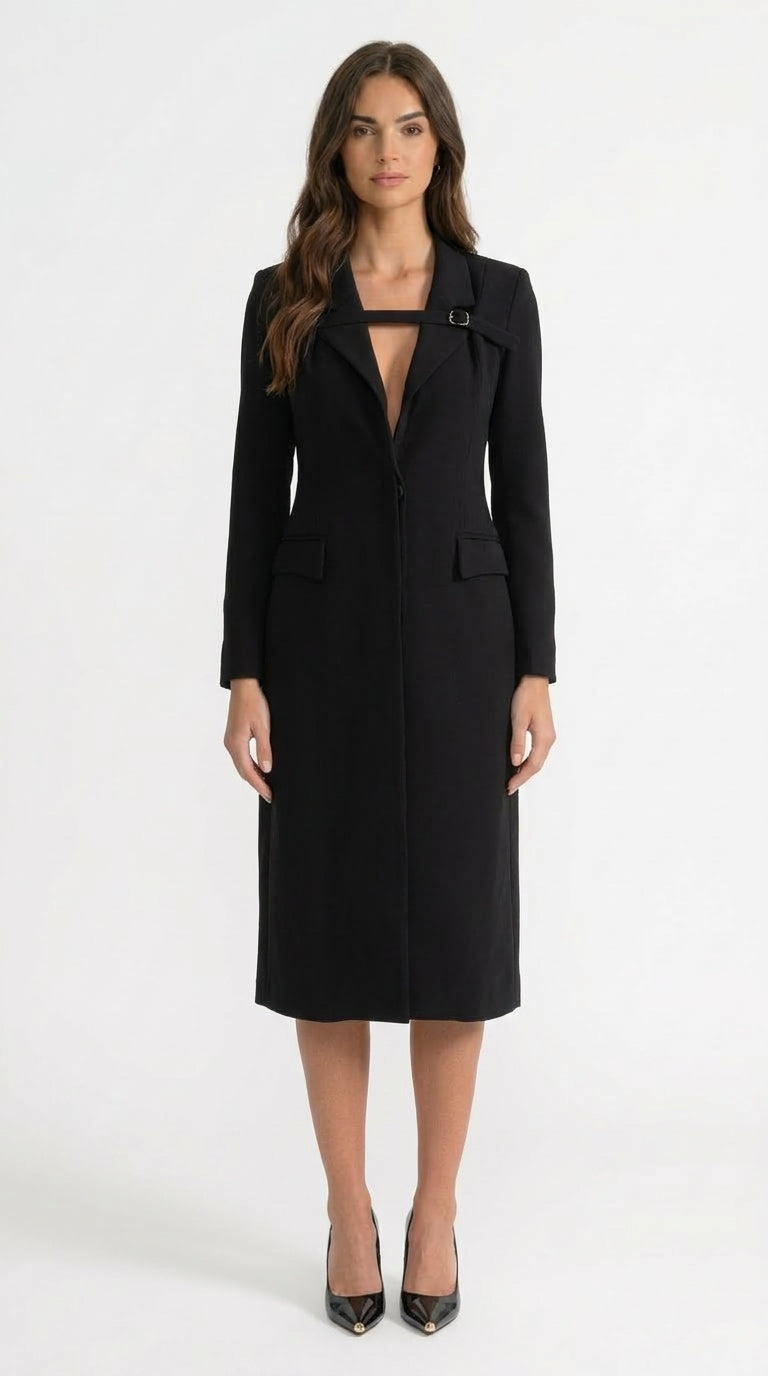 Julia - Abrigo Trench con Detalle de Cinturón en el Pecho - Negro