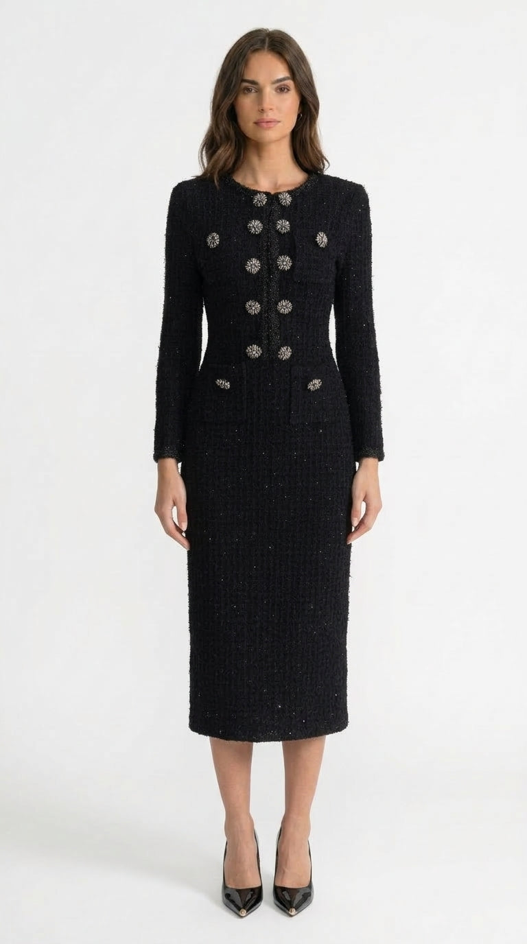 Camila - Vestido Midi de Tweed Texturizado con Detalle de Botones de Cristal - Negro