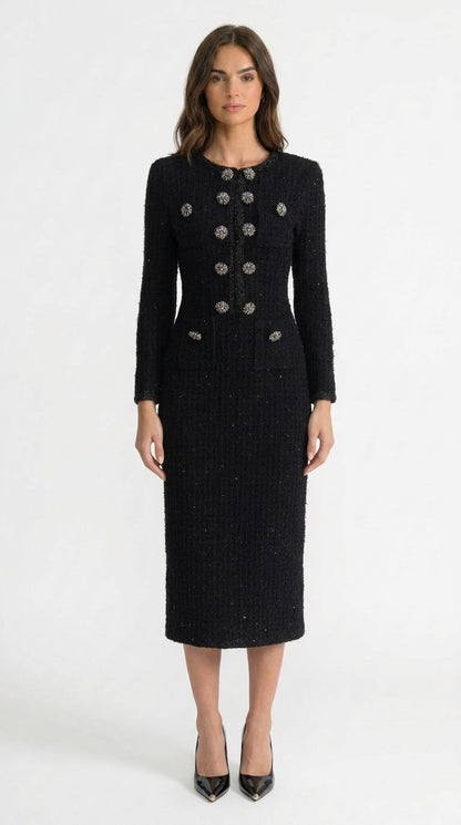 Camila - Vestido Midi de Tweed Texturizado con Detalle de Botones de Cristal - Negro