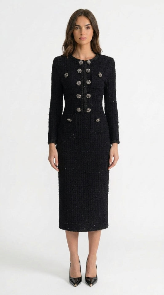 Camila - Vestido Midi de Tweed Texturizado con Detalle de Botones de Cristal - Negro