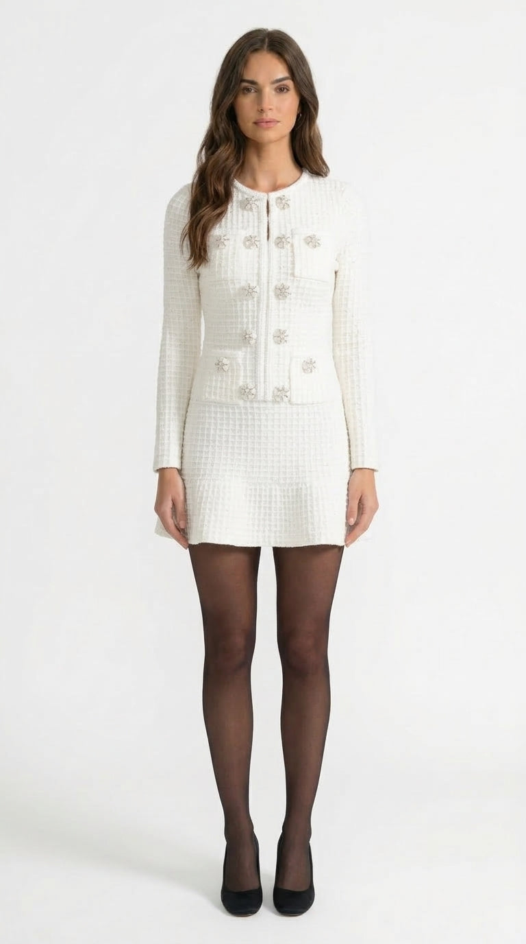 Lucía - Vestido de Punto de Manga Larga hasta la Rodilla - Blanco