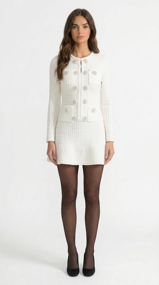 Lucía - Vestido de Punto de Manga Larga hasta la Rodilla - Blanco