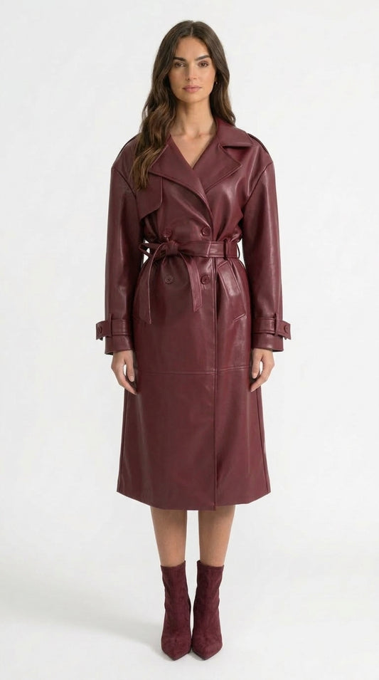 Claudia - Abrigo Trench de Piel Vegana - Burdeos