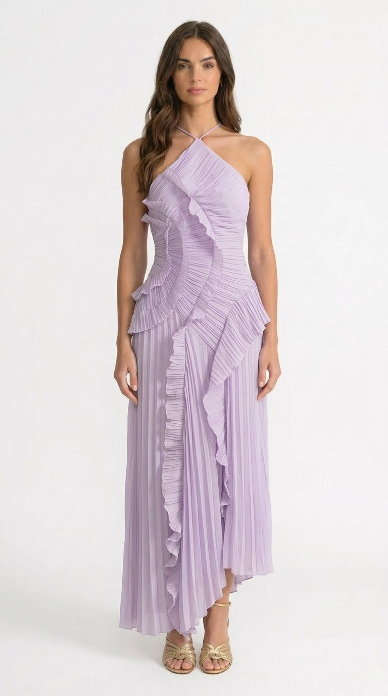 Sofía - Vestido Midi Plisado Halter con Detalles de Volantes en Cascada - Lavanda