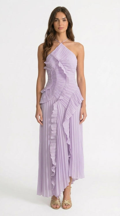 Sofía - Vestido Midi Plisado Halter con Detalles de Volantes en Cascada - Lavanda