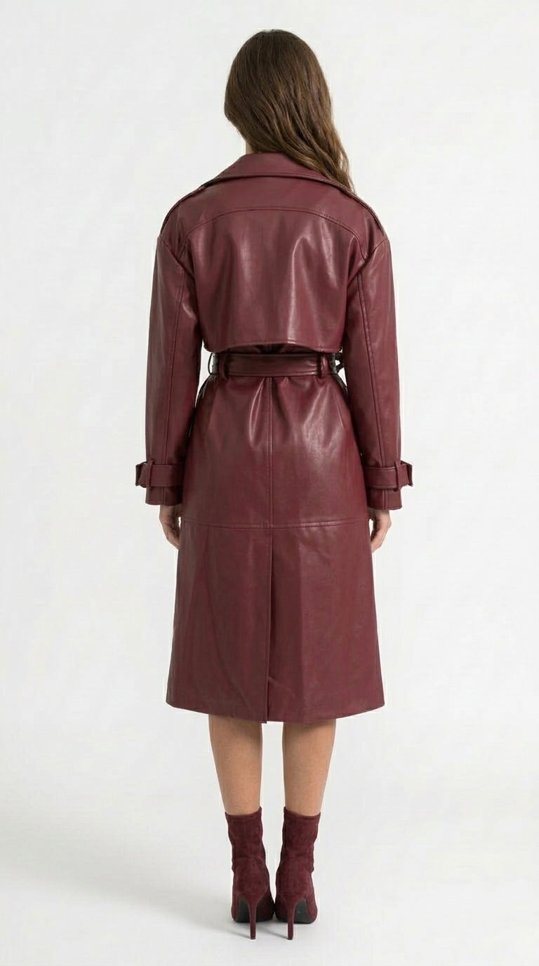 Claudia - Abrigo Trench de Piel Vegana - Burdeos