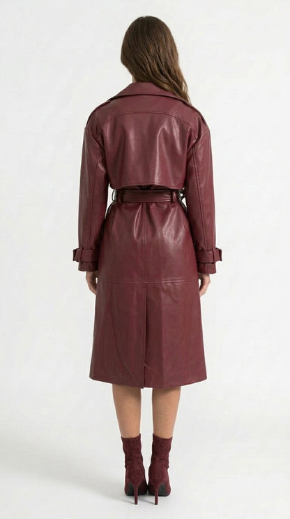 Claudia - Abrigo Trench de Piel Vegana - Burdeos