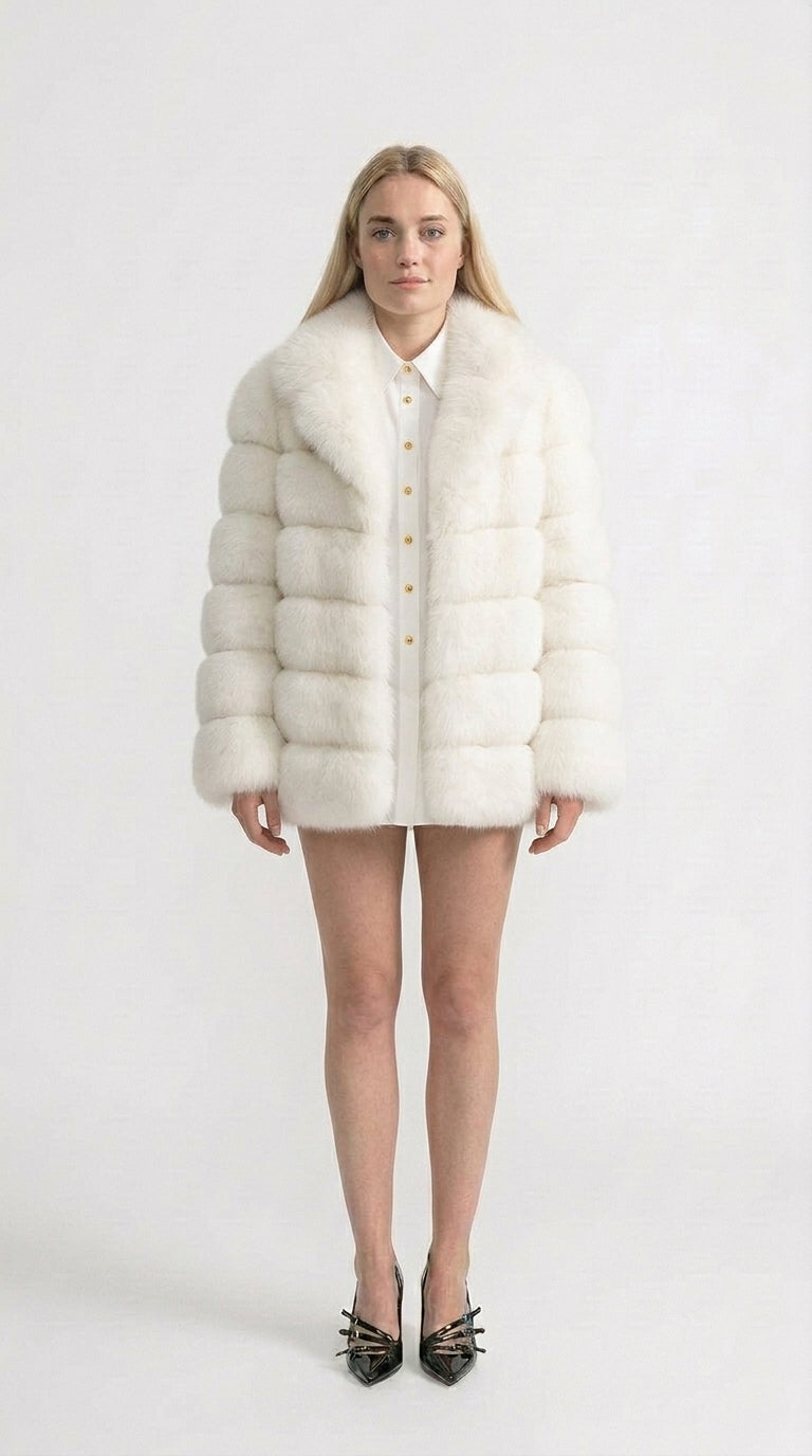 Natalia - Chaqueta de Piel de Zorro en Capas con Cuello Chal Oversized - Blanco
