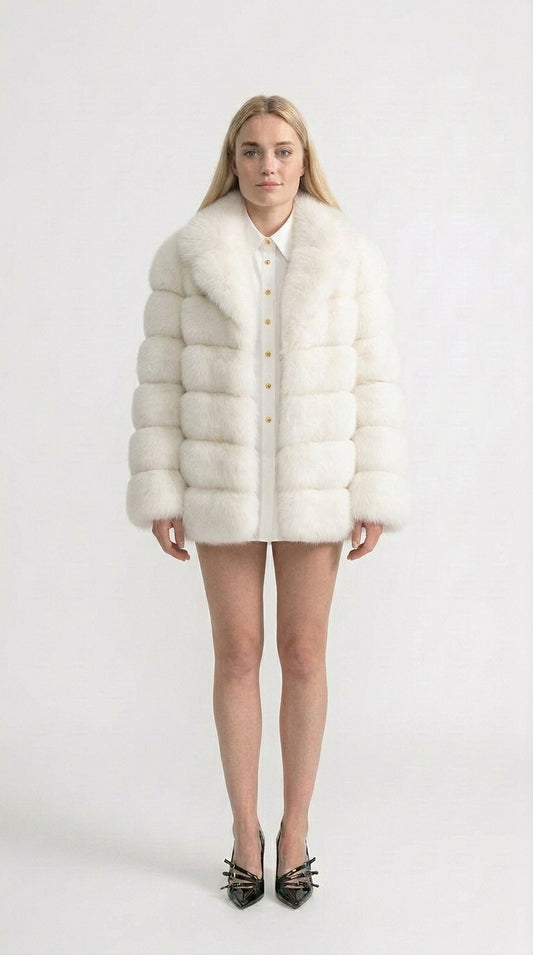Natalia - Chaqueta de Piel de Zorro en Capas con Cuello Chal Oversized - Blanco