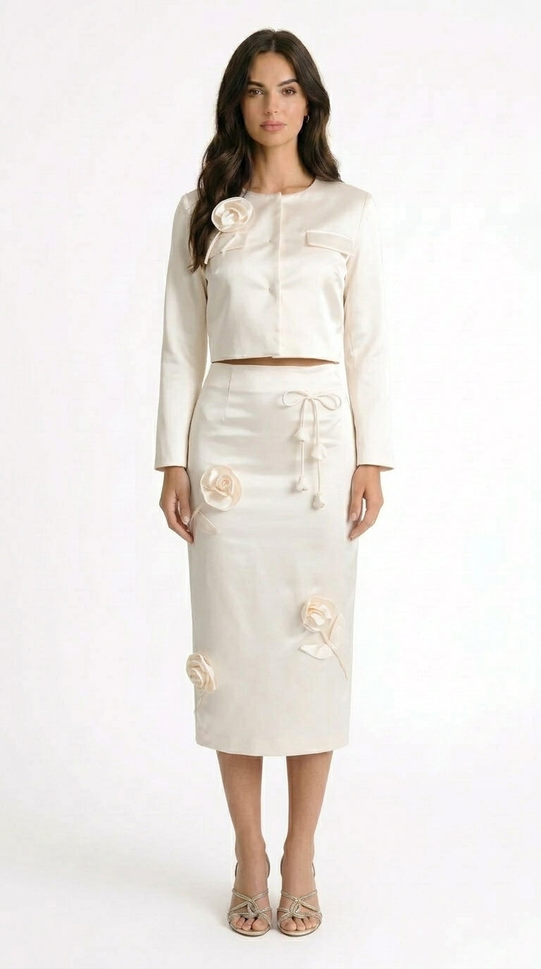 Verónica - Top de Tafetán con Aplique Floral 3D - Marfil