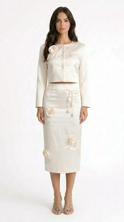 Verónica - Top de Tafetán con Aplique Floral 3D - Marfil