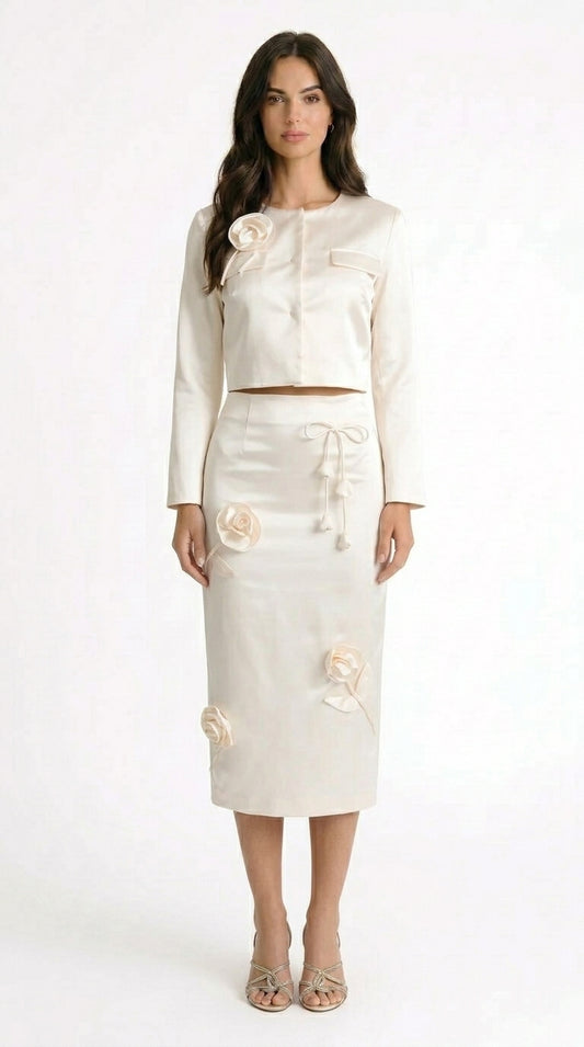 Verónica - Top de Tafetán con Aplique Floral 3D - Marfil
