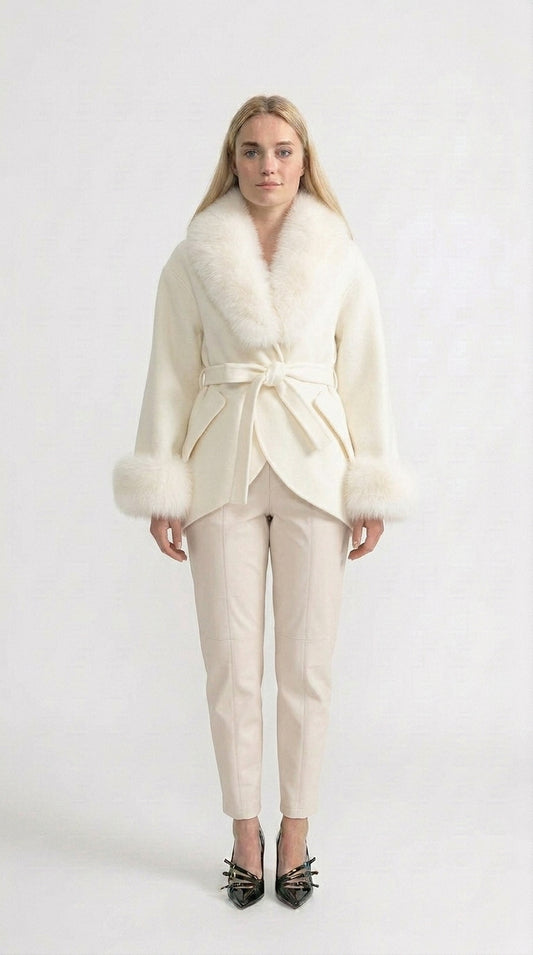 Gabriela - Abrigo de Cachemira con Cuello Oversized de Piel de Zorro - Blanco Roto