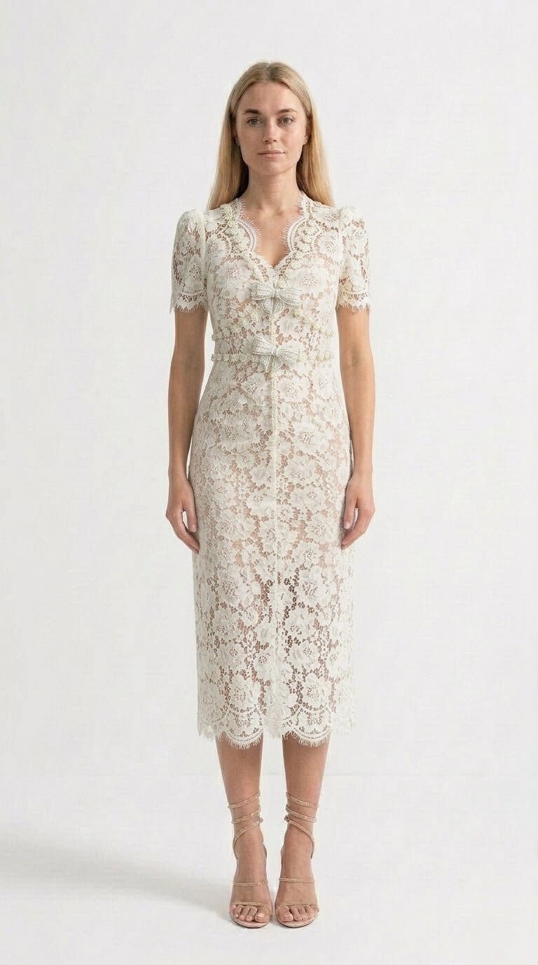 Isabella - Vestido Midi de Encaje con Detalles de Lazo - Marfil