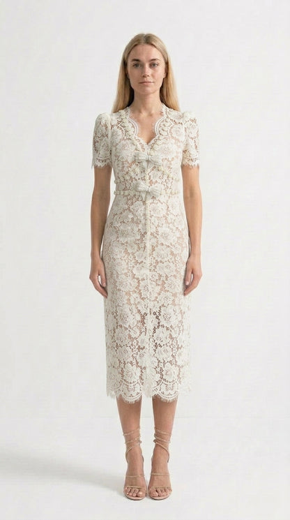 Isabella - Vestido Midi de Encaje con Detalles de Lazo - Marfil