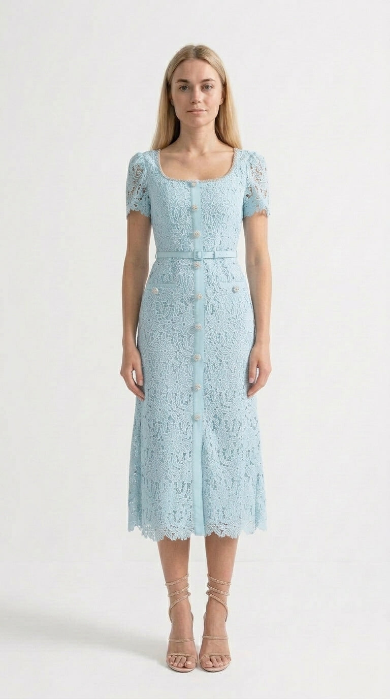 Valentina - Delicado Vestido Midi de Encaje Azur - Azul Bebé