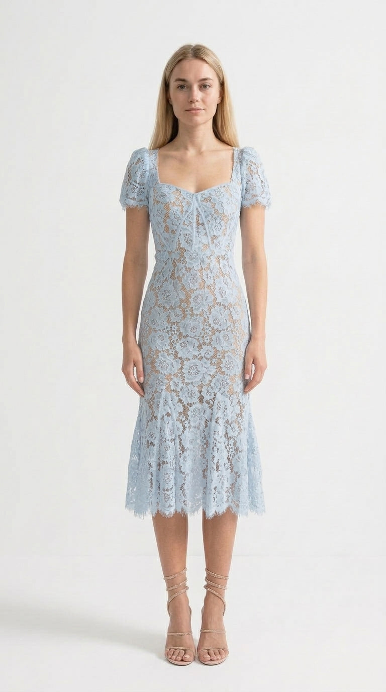 Natalia - Vestido de Encaje con Manga Corta y Delicado Cinturón a Juego - Azul