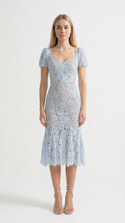 Natalia - Vestido de Encaje con Manga Corta y Delicado Cinturón a Juego - Azul
