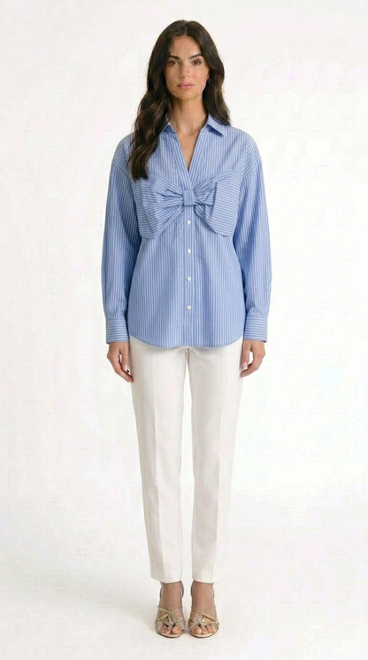 Raquel - Camisa de Algodón a Rayas con Detalle de Lazo Oversized - Azul