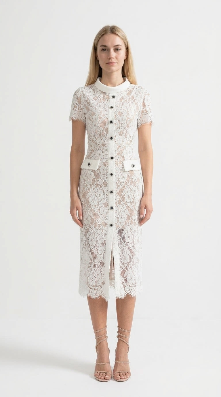 Victoria - Vestido Elegante de Encaje con Manga Corta y Cinturón a Juego - Blanco