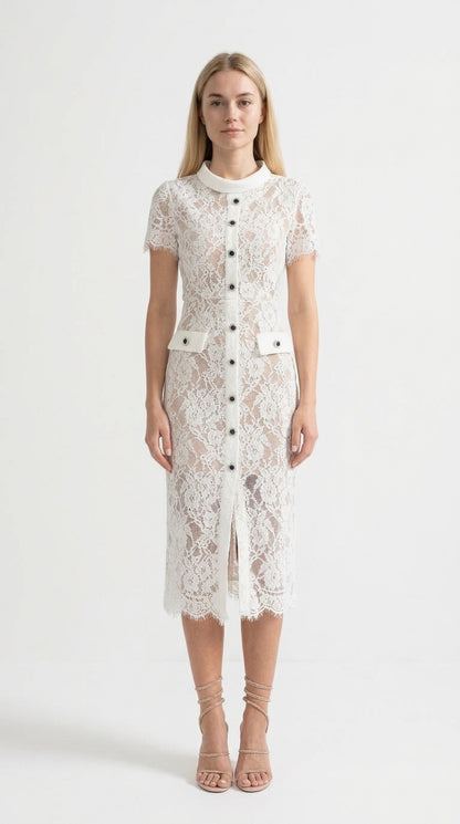 Victoria - Vestido Elegante de Encaje con Manga Corta y Cinturón a Juego - Blanco