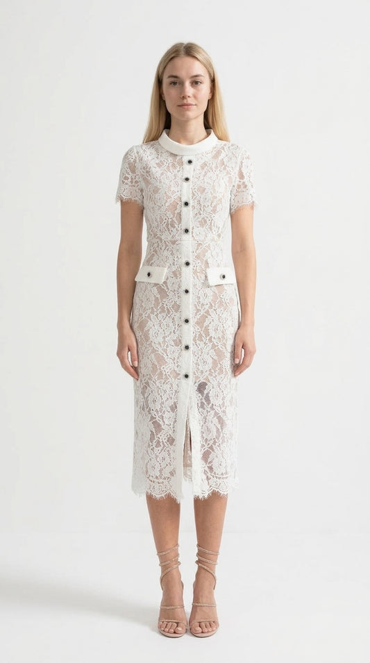 Victoria - Vestido Elegante de Encaje con Manga Corta y Cinturón a Juego - Blanco