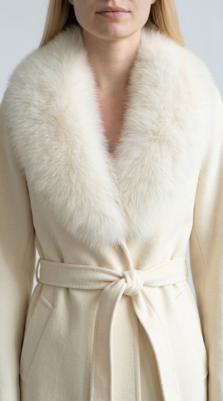 Gabriela - Abrigo de Cachemira con Cuello Oversized de Piel de Zorro - Blanco Roto