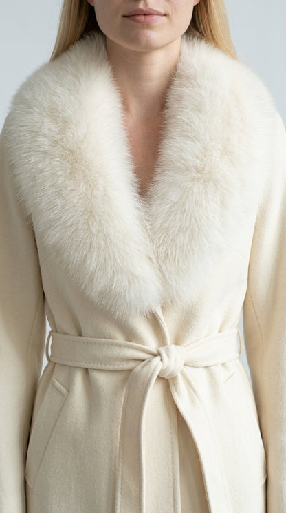 Gabriela - Abrigo de Cachemira con Cuello Oversized de Piel de Zorro - Blanco Roto