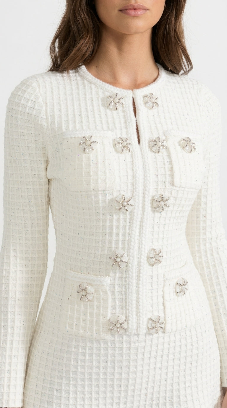 Lucía - Vestido de Punto de Manga Larga hasta la Rodilla - Blanco